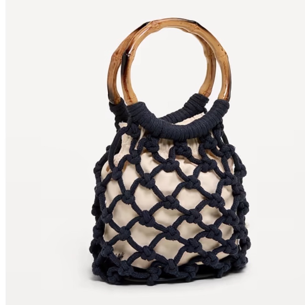 Old Navy Navy Blue Macrame Knotted Rope Bucket Bag Faux Bamboo Handle NWT